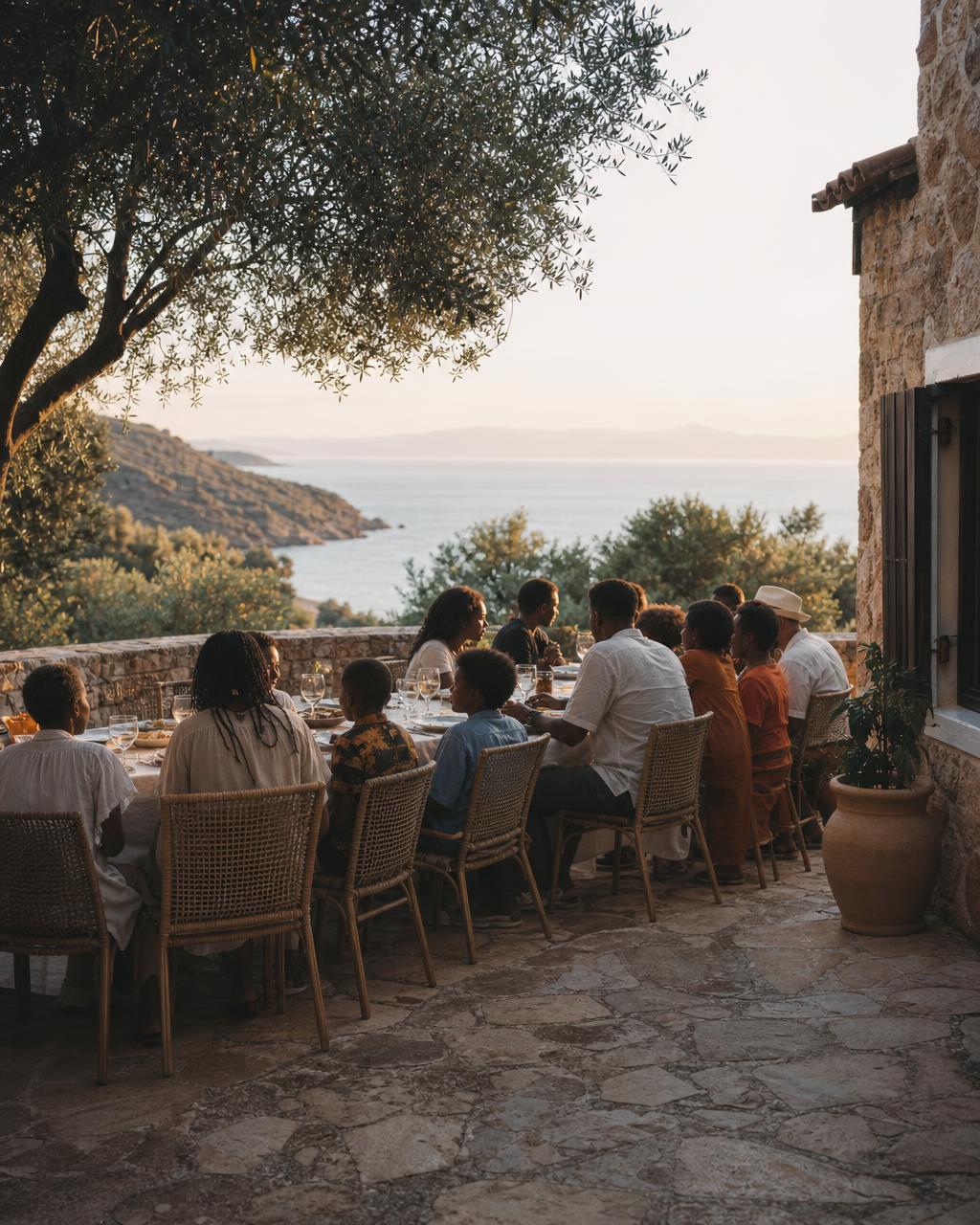 A family of several generations seated around one long outdoor table