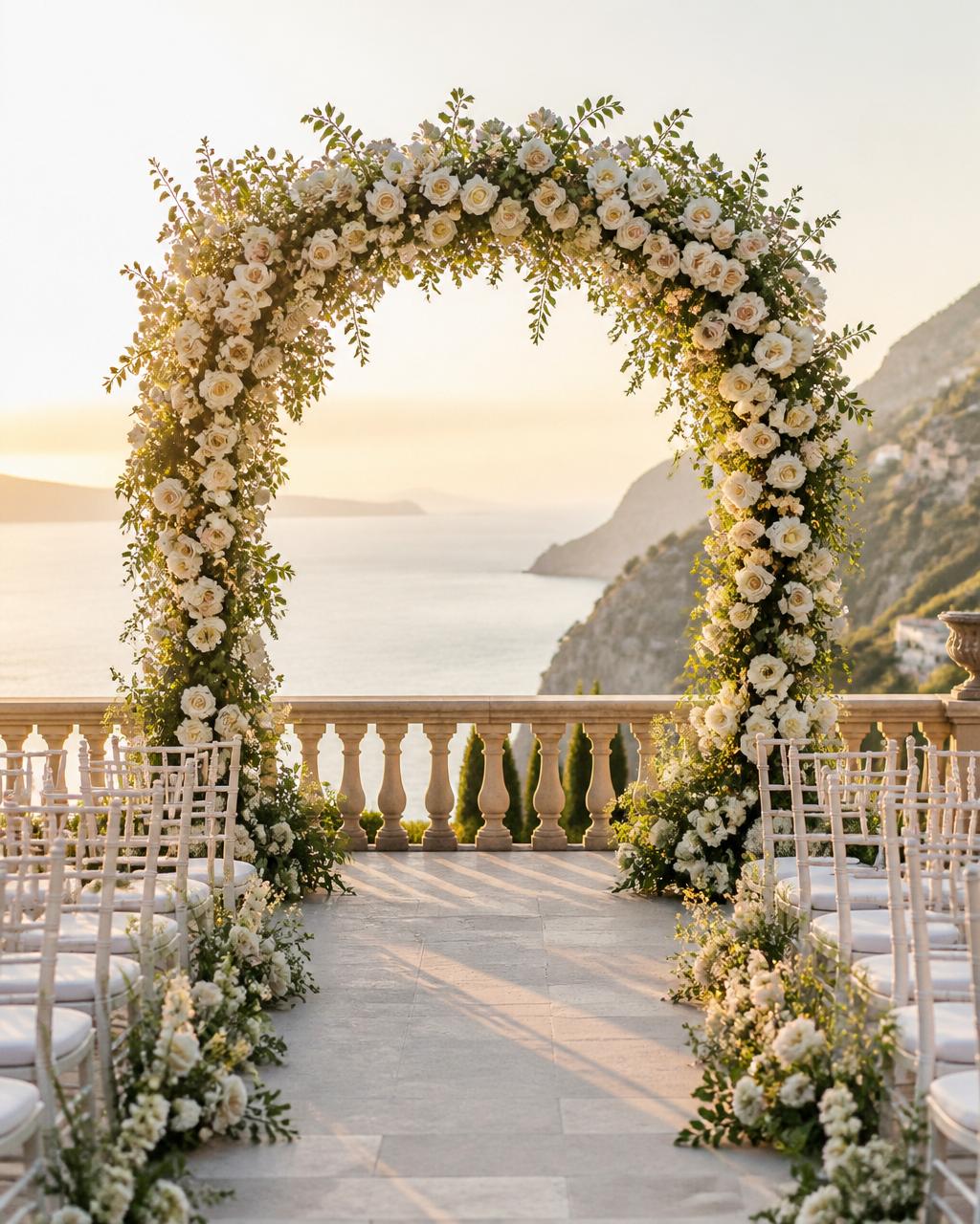 A floral ceremony arch set up outdoors above the water