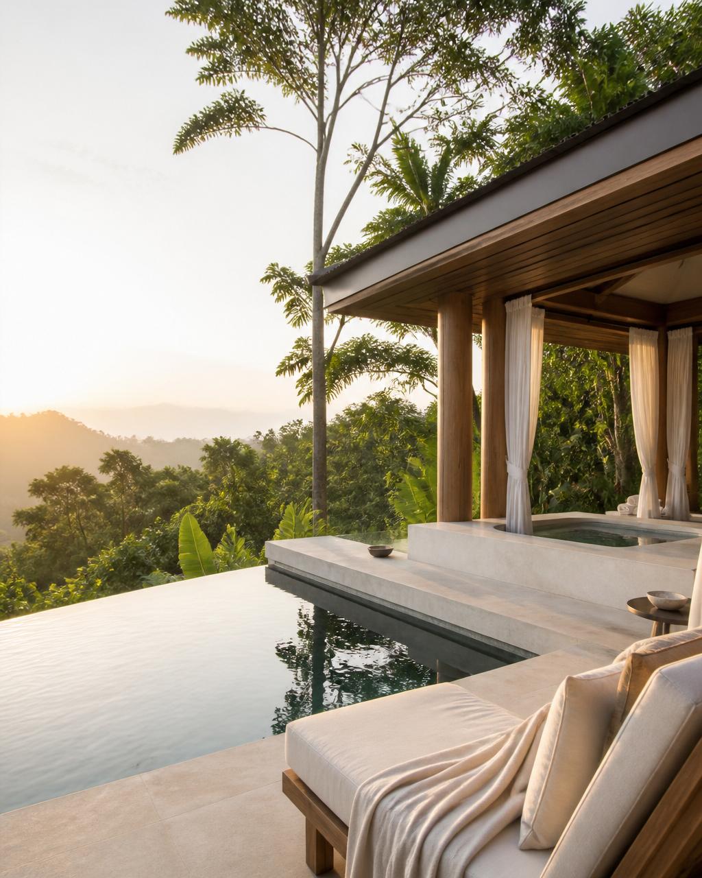 An infinity pool and loungers beside a quiet garden at a spa retreat