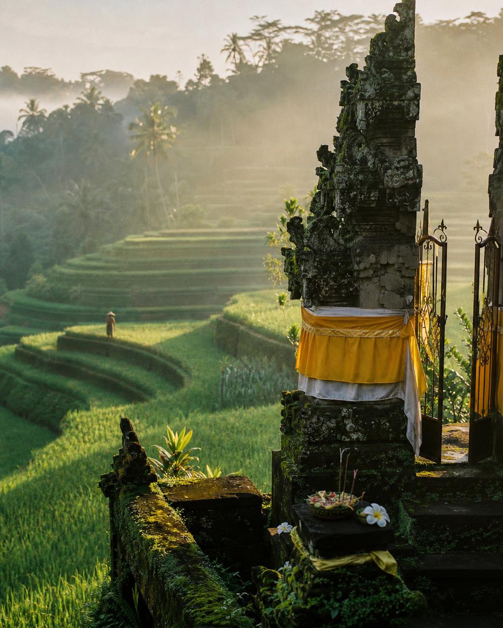 Stepped green rice terraces on a hillside in morning mist