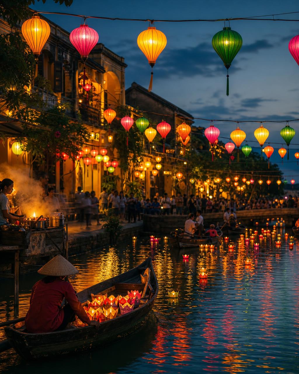 Coloured silk lanterns strung above a riverside street at night