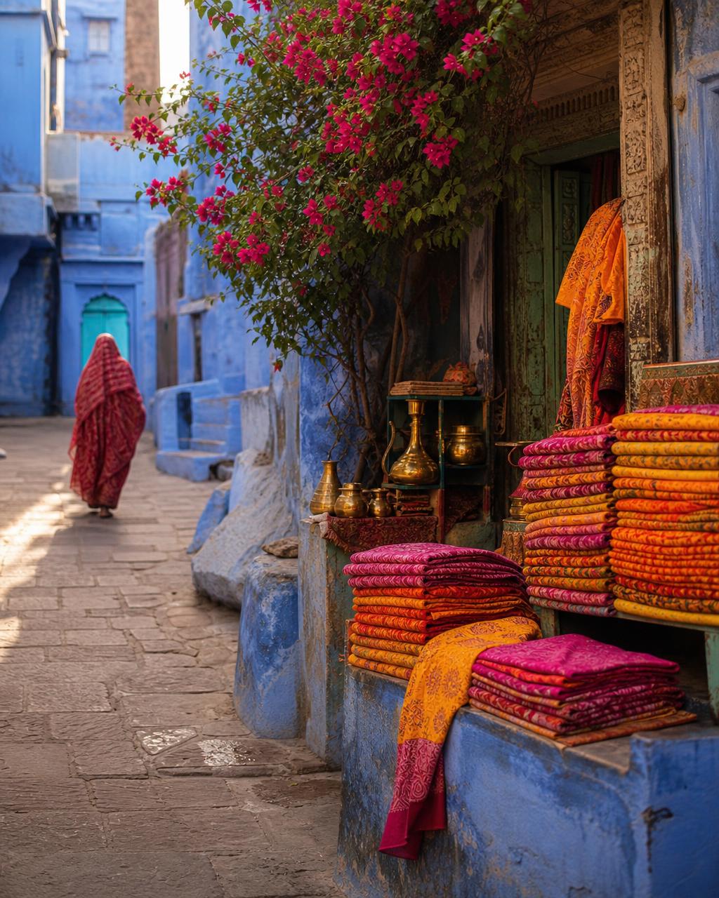 A narrow lane of blue-washed buildings with textiles hanging outside a shop