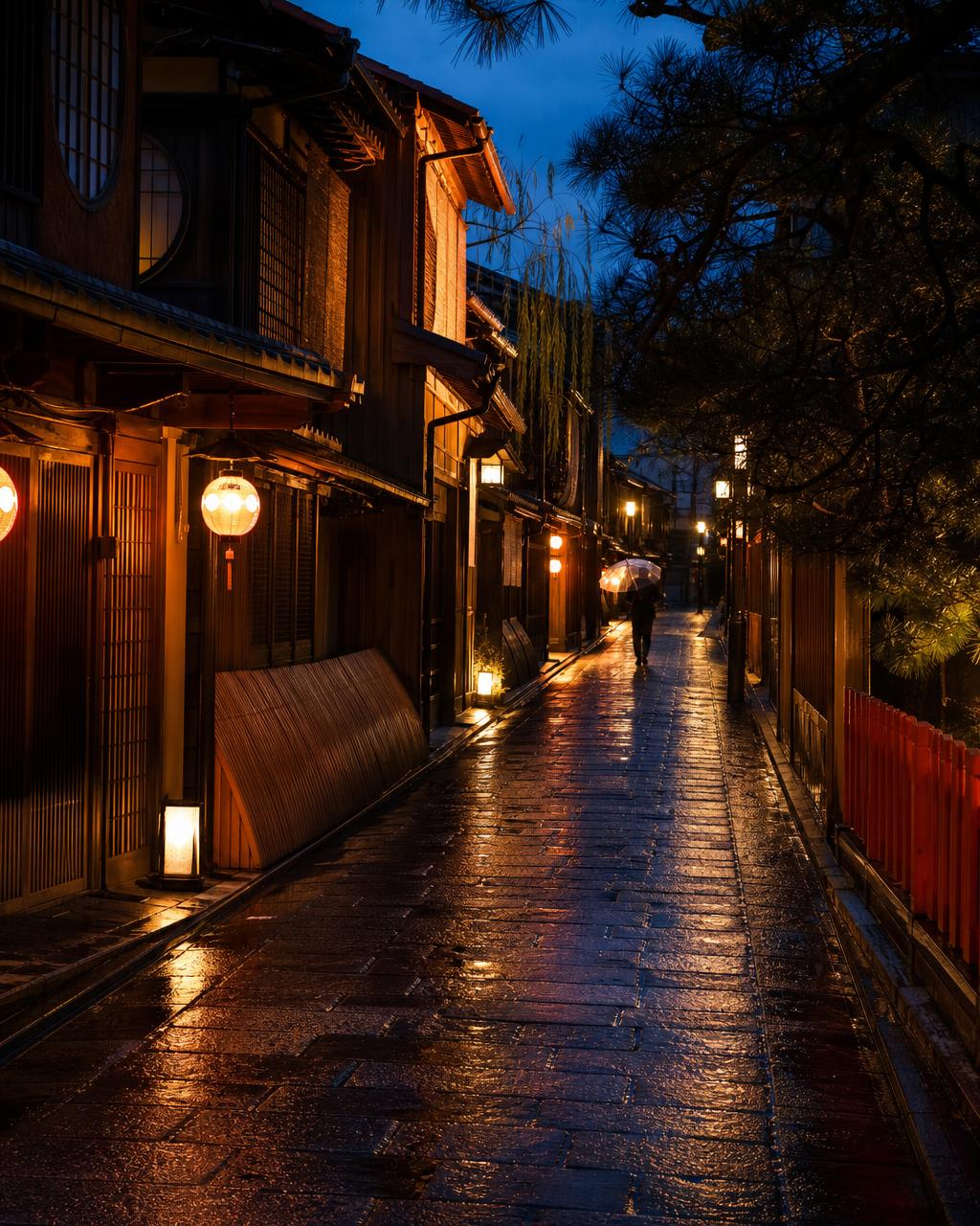 A wooden-fronted street lit by lanterns after rain