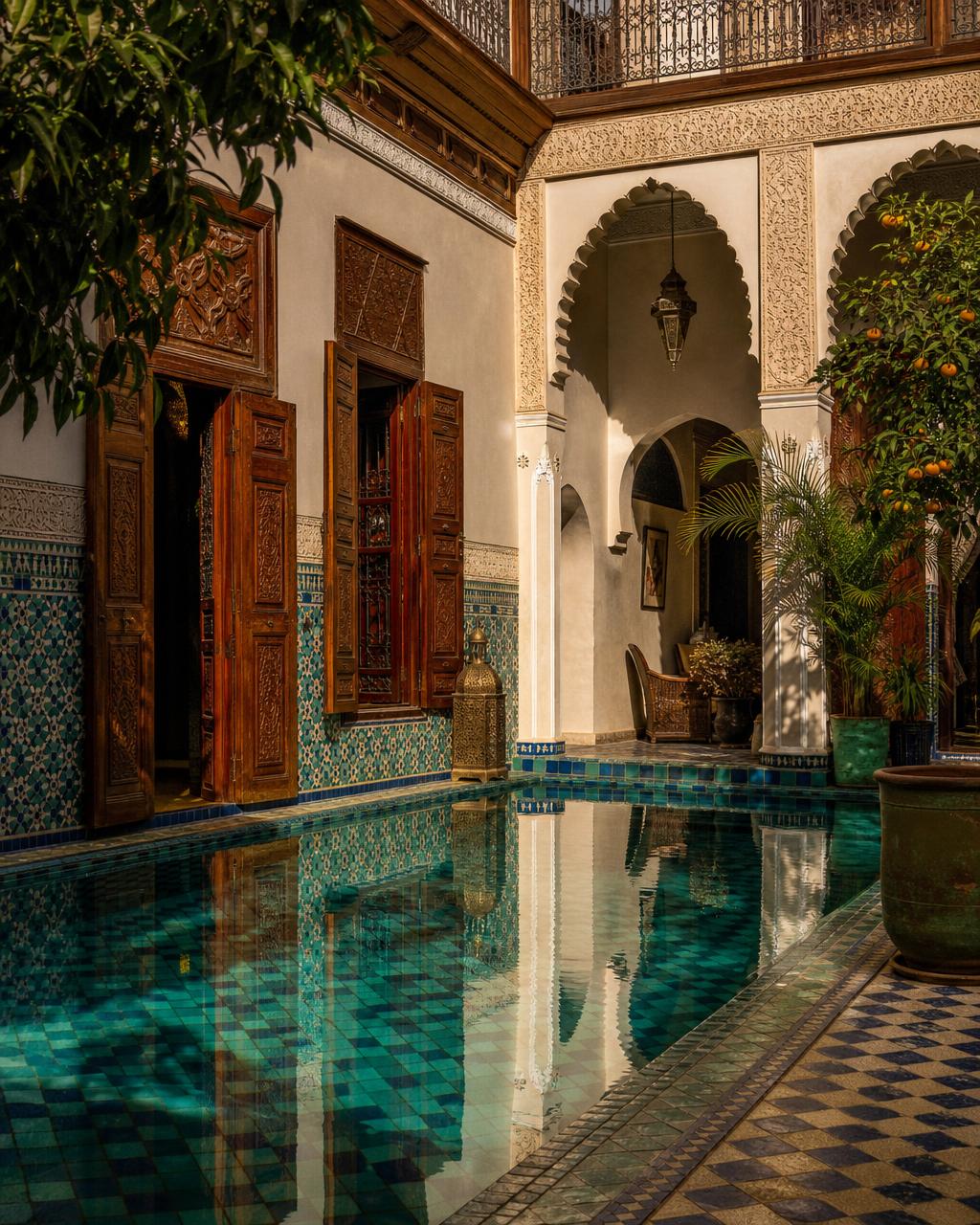 A tiled courtyard with a central fountain, arches, and potted orange trees