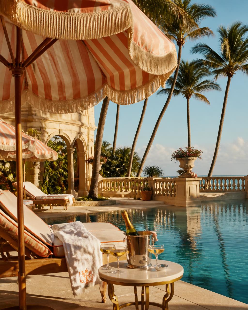 A palm-lined resort pool set for a celebration in bright daylight