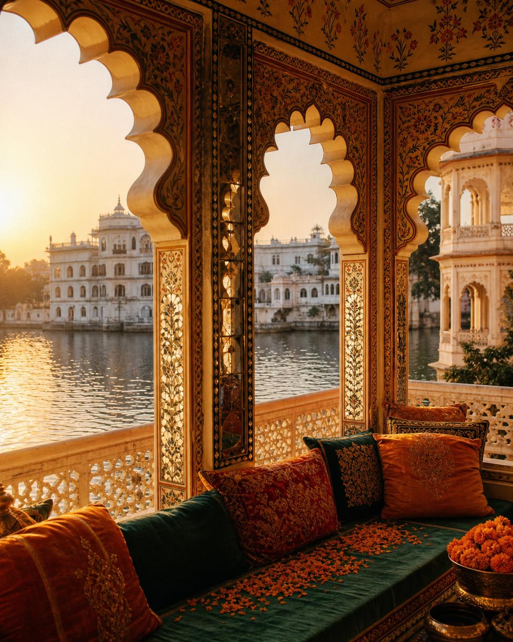 A white marble palace reflected in a lake at golden hour